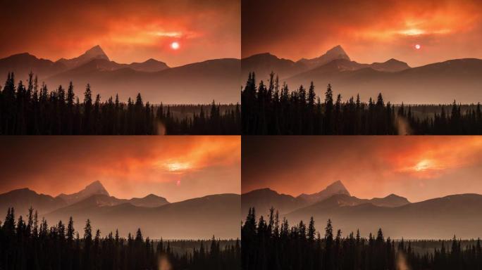 时间流逝: 加拿大班夫国家公园的加拿大野火日落
