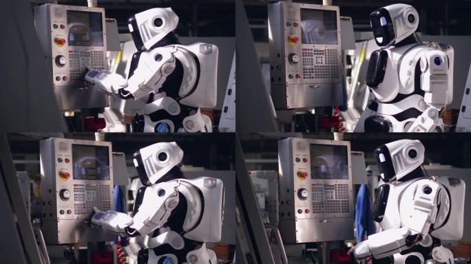 工作机器人按下工厂机器上的按钮。