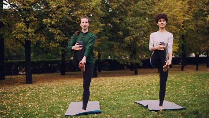 几个女孩正在公园做瑜伽，在专业教练的单独瑜伽练习中，练习单腿站立的平衡练习。