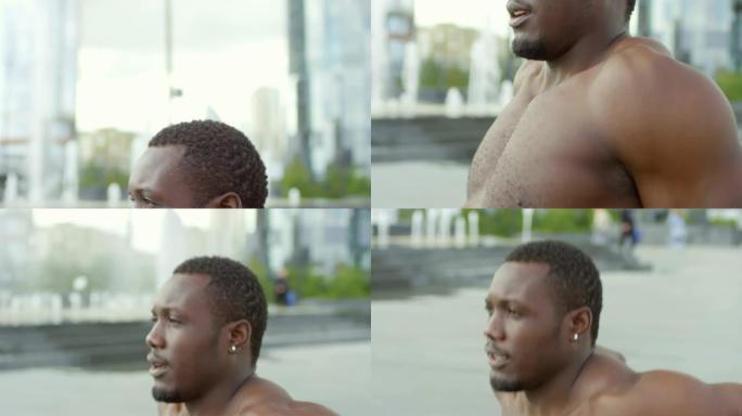 肌肉发达的非洲男子，赤裸的躯干在户外做长凳跳水