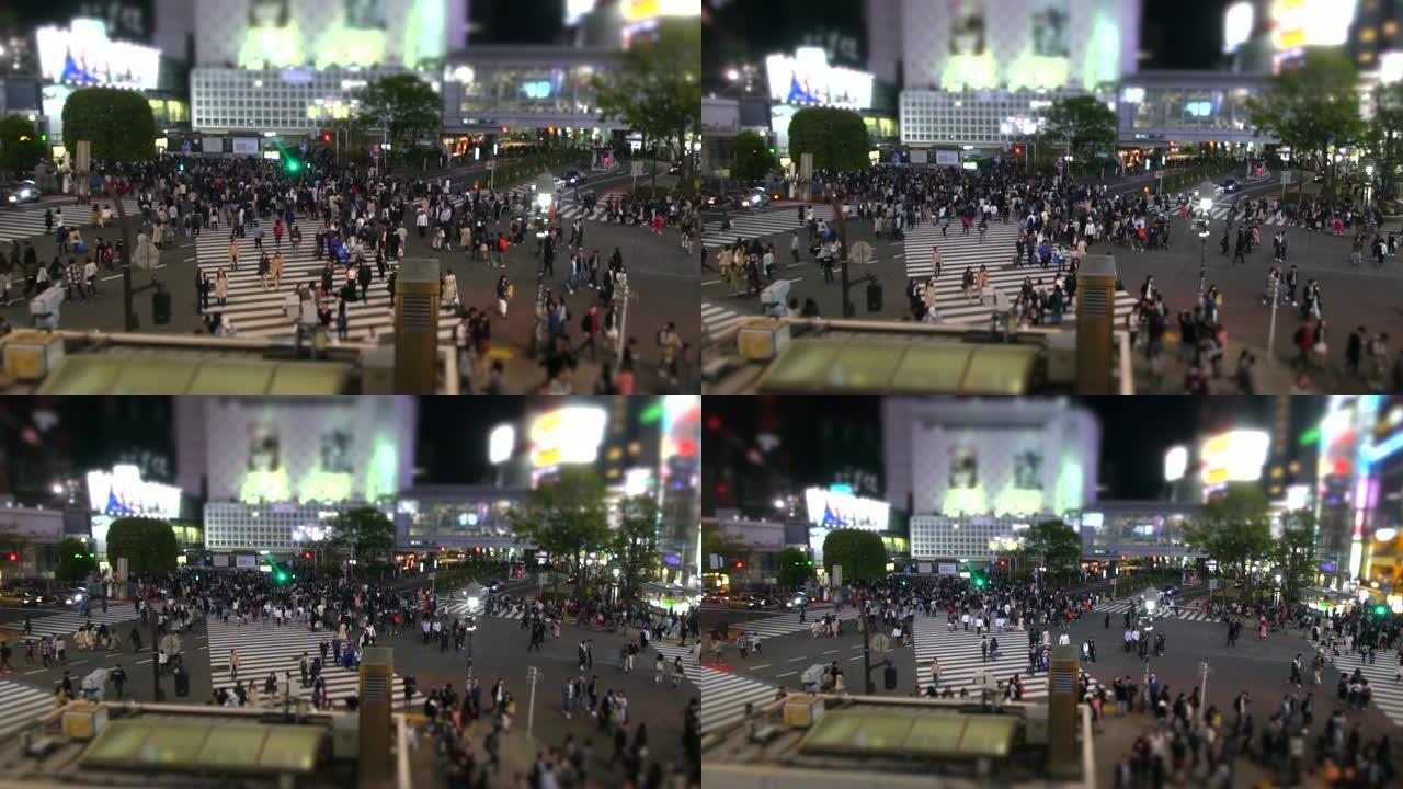 日本东京夜间涩谷十字路口的慢动作人