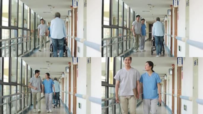 年轻的亚洲医疗保健专业人员在走廊上问候高级患者