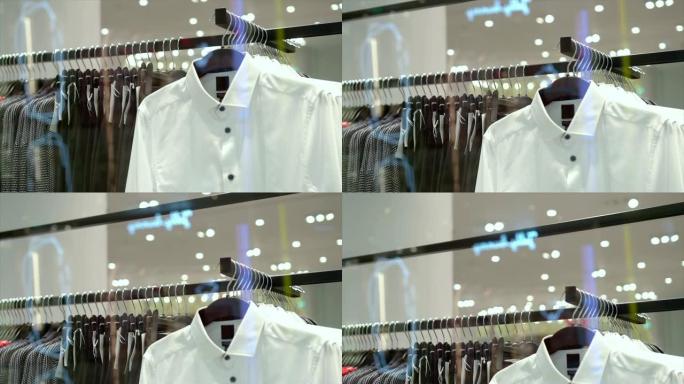 在百货商店，购物中心和服装概念的时尚服装店中，在衣架上悬挂衣架和栏杆的4k慢动作镜头