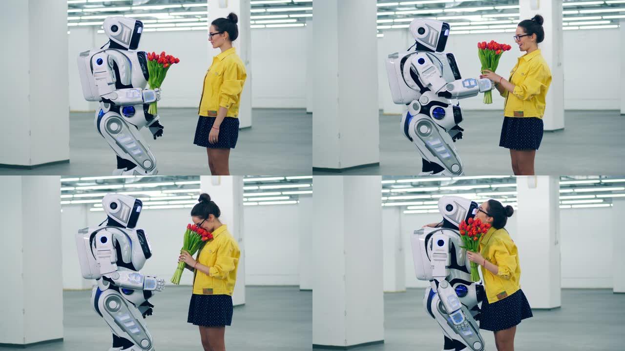 机器人给一个女孩红色的郁金香，她拥抱它。