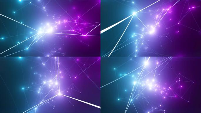 美丽的抽象发光紫色和蓝色与网络空间中不断增长的网络连接无缝。带有闪光灯的循环3d动画。