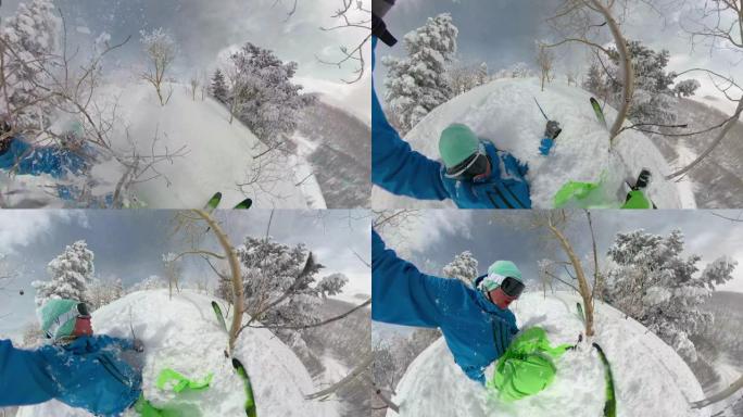 自拍照: 帕克城的年轻人树木滑雪落入深深的粉末雪中。