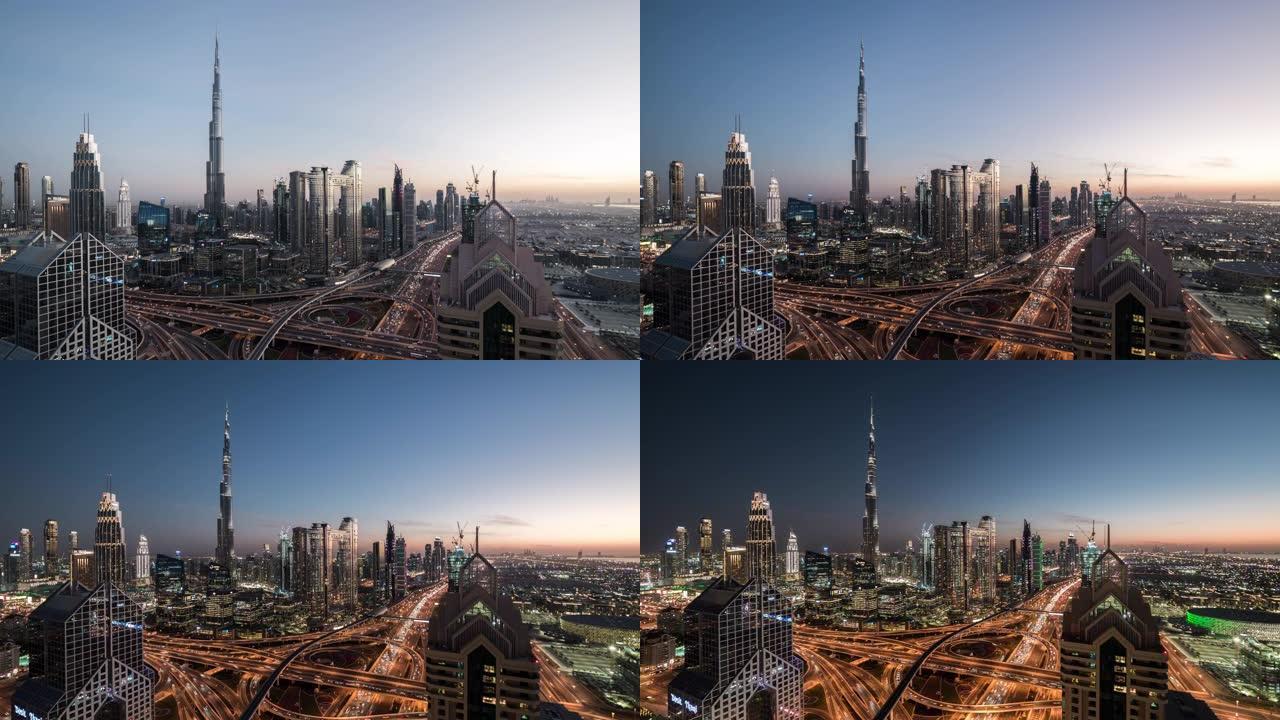 迪拜天际线的T/L ZO高角度视图，昼夜过渡/阿联酋迪拜