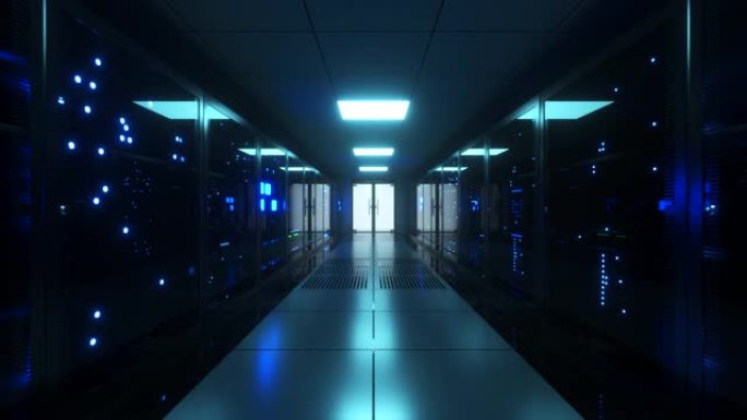 大数据服务器。数据解决方案。服务器室，玻璃后面有工作闪烁的面板。数据中心和互联网。