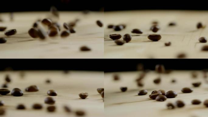 咖啡豆落在木质表面上