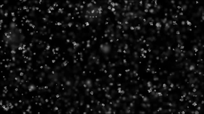 柔和的圣诞雪落在黑色背景上，微风无痕。慢动作循环3d动画。阿尔法哑光。
