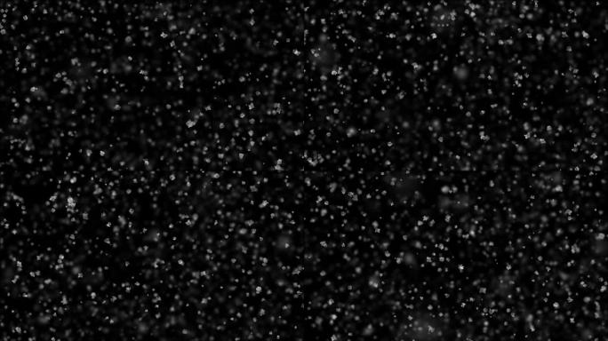 柔和的圣诞雪落在黑色背景上，微风无痕。慢动作循环3d动画。阿尔法哑光。