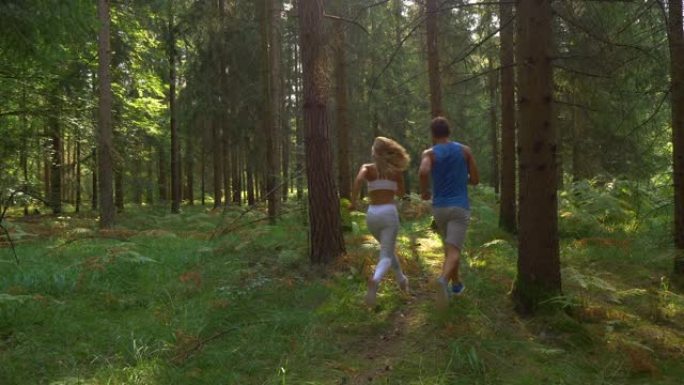 慢动作: 活跃的男人和他的女友在阳光普照的森林中慢跑。