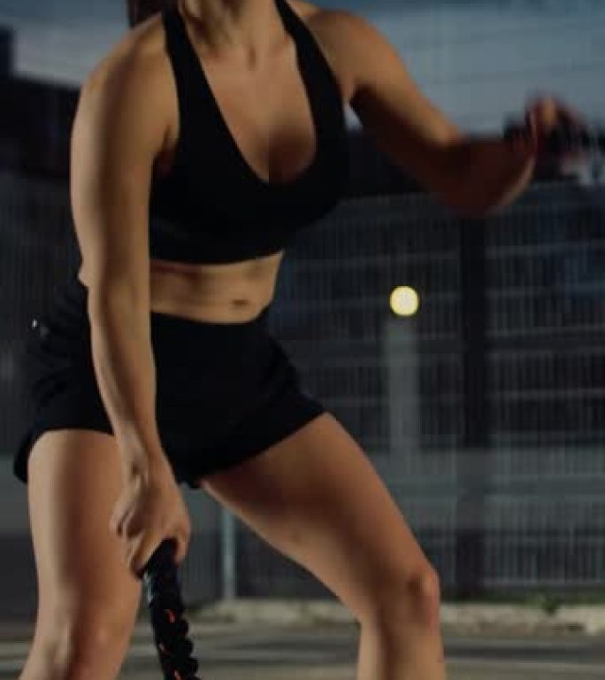 美丽的精力充沛的健身女孩做运动与战斗绳。她正在一个室外篮球场里锻炼。垂直屏幕方向的视频片段