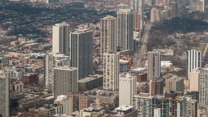 延时: 美国伊利诺伊州芝加哥老城天际线城市景观的鸟瞰图