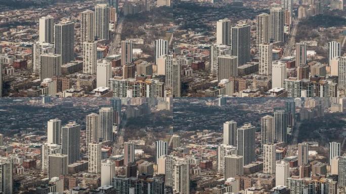 延时: 美国伊利诺伊州芝加哥老城天际线城市景观的鸟瞰图