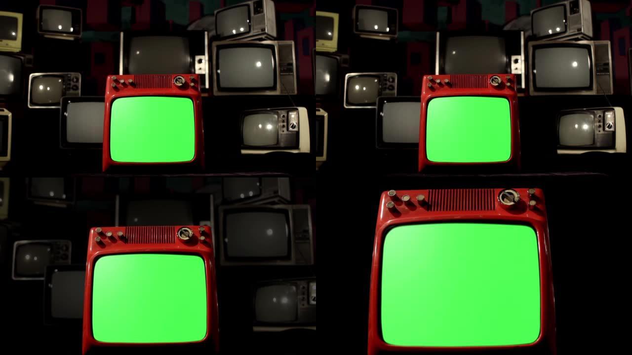 旧红色电视绿屏，有许多电视。背景变黑了。
