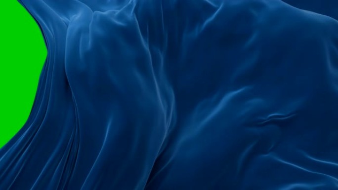 抽象的蓝色大布面在风中飘动，露出背景。3d动画过渡打开背景与绿屏，阿尔法蒙版。