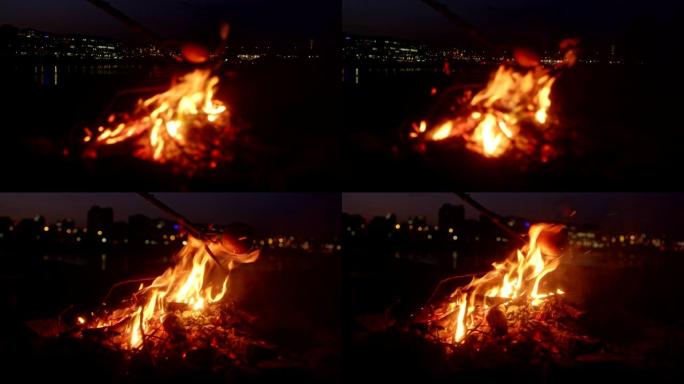 孤独的人在河边燃烧篝火。烘焙晚餐