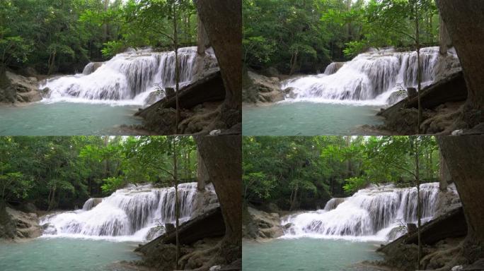 4K，泰国北碧府四面佛瀑布美丽的瀑布景观