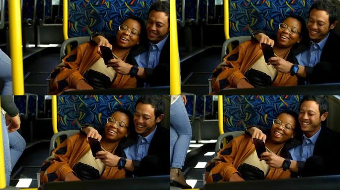 情侣在4k公交车上拍照时用手机自拍