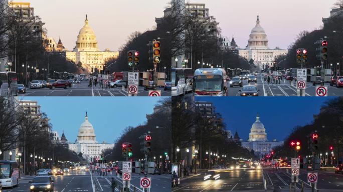 从白天到夜晚的4K超高清延时视图美国国会大厦圆顶在黄昏的宾夕法尼亚大道。缩小