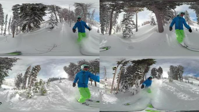 VR 360: 一个年轻人在犹他州风景秀丽的偏远地区滑雪的酷炫镜头。