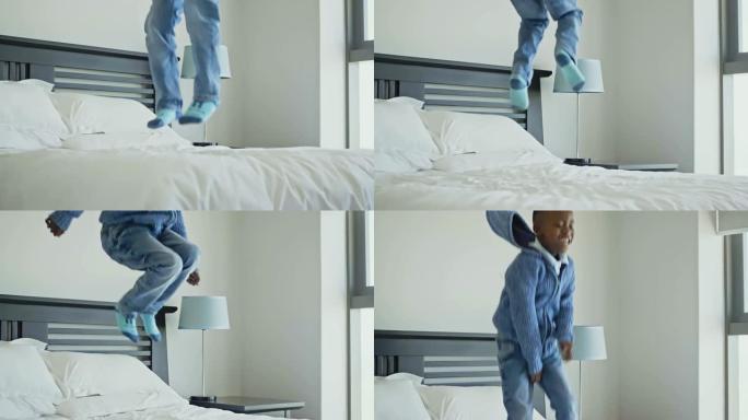 快乐非洲男孩早上跳床的慢动作视频