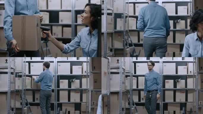 男女仓库库存经理交谈，解决问题，使用个人计算机并检查库存。在背景成排的货架上装满了纸板箱包装。