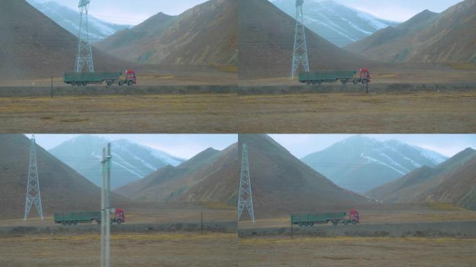 慢动作: 一辆旧卡车在西藏运送货物的电影镜头。