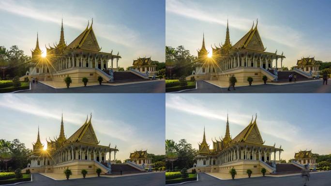 柬埔寨首都金边市中心，日落，蓝黄相间的王宫的时间流逝。