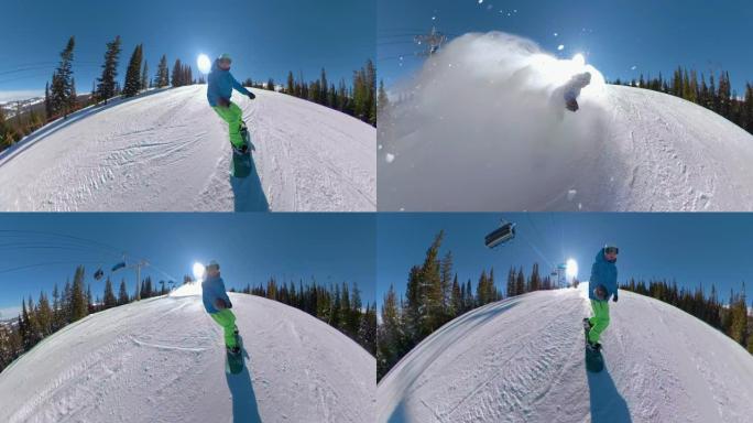 自拍照: 将滑雪板切碎的滑雪场在相机上喷洒雪。