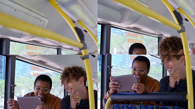 夫妇在4k公共汽车上旅行时使用数字平板电脑