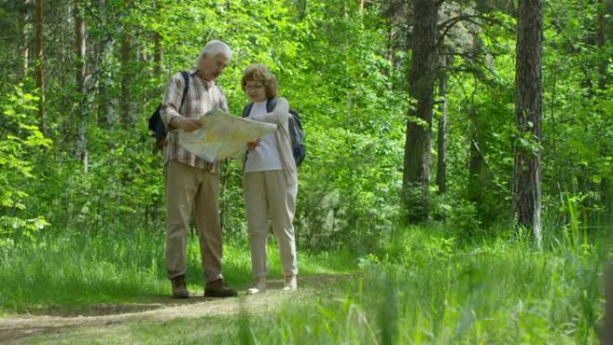 老年夫妇带着纸质地图在森林里徒步旅行