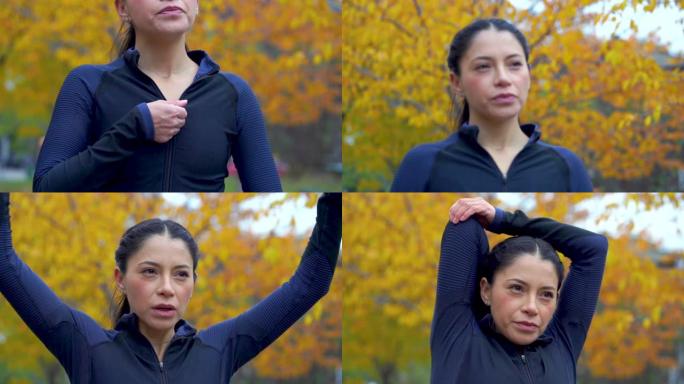 少数民族女性在锻炼前以慢动作拉动夹克