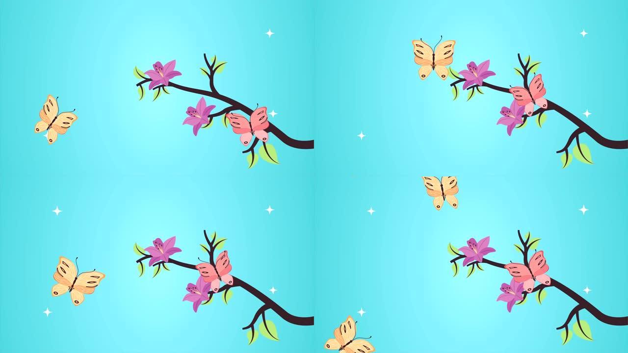美丽的花卉花园和蝴蝶飞行动画
