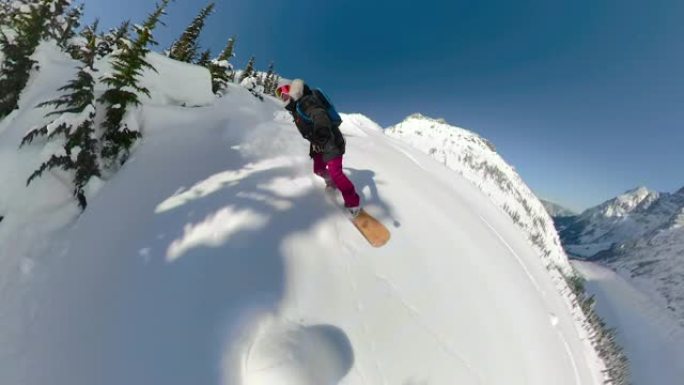 自拍照: 凉爽的滑雪者女孩将覆盖加拿大山脉的新鲜积雪切碎