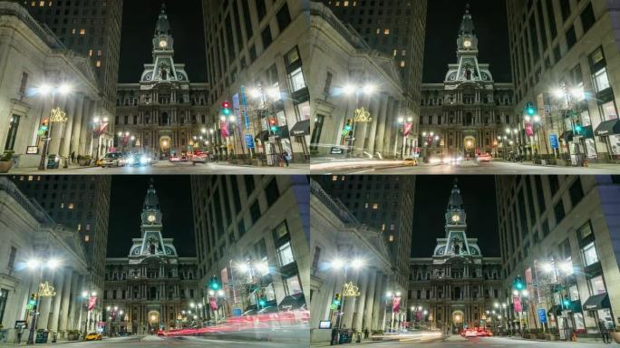 费城具有里程碑意义的历史悠久的市政厅建筑在黄昏时间的4k时间流逝，带有汽车交通信号灯，美国或美国，旅