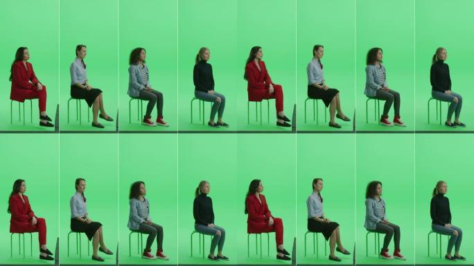 5合1绿屏拼贴画: 坐在色度钥匙椅子上的五幅不同背景，种族，不同年龄的美女肖像。侧视图分屏。多个剪辑