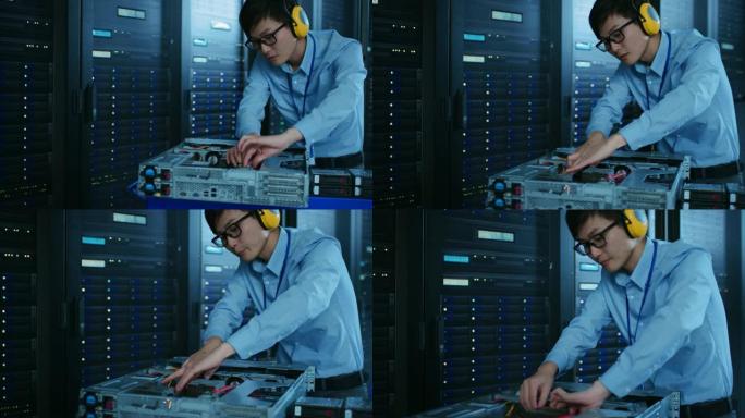 在现代数据中心: IT技术人员戴着保护耳机与服务器机架一起工作，在手推车上安装新硬件。工程师负责数据