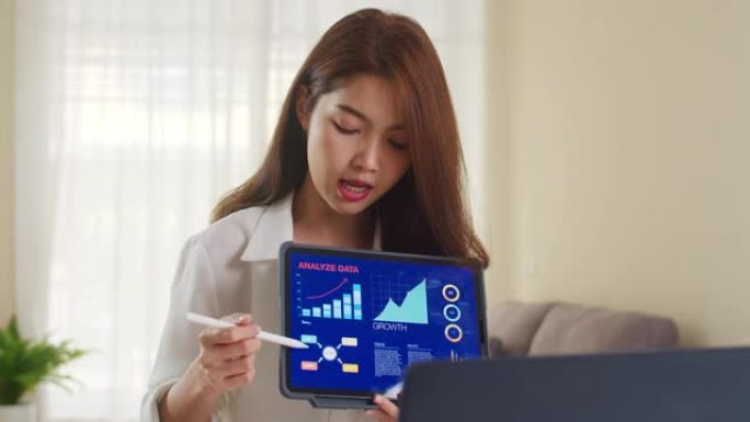 亚洲女商人在客厅在家工作时，使用笔记本电脑和平板电脑向同事介绍视频通话计划。