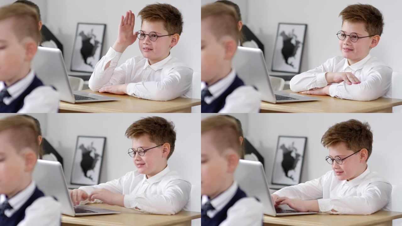戴着眼镜的白人男生使用笔记本电脑并在课堂上回答