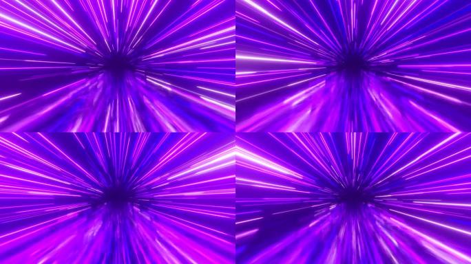 用发光的霓虹灯线在太空中飞行。超空间。现代紫外线光谱。紫色。无缝循环3d渲染