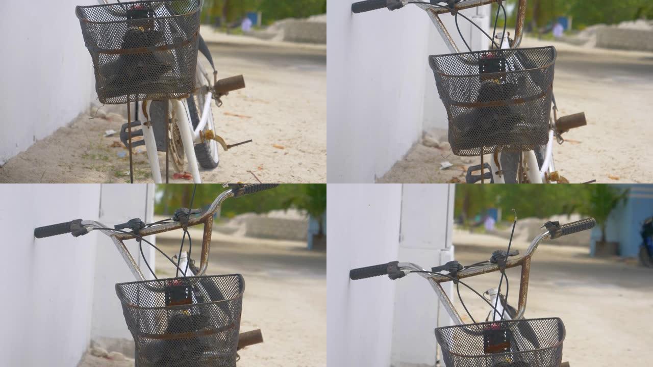 特写: 一辆前轮缺失的废弃自行车在路边生锈