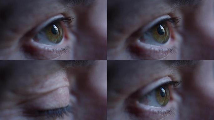 中年男性棕色眼睛慢动作闪烁的特写微距镜头。