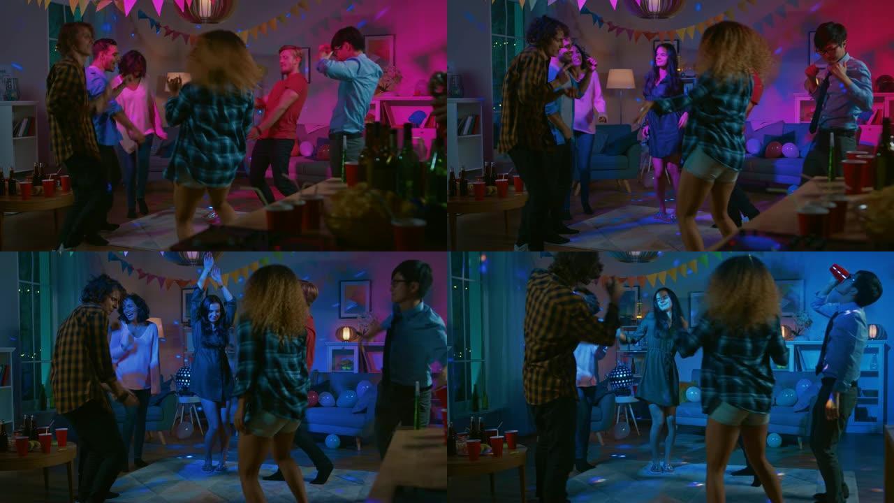 在大学之家聚会上: 一群不同的朋友玩得开心，跳舞和社交。男孩和女孩在圈子里跳舞。迪斯科霓虹灯频闪灯照