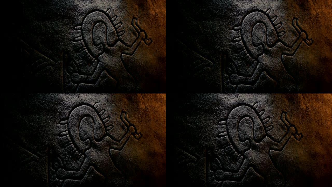 古代宇航员洞穴岩石雕刻移动镜头