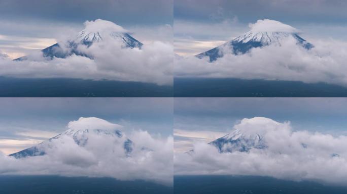 富士山关闭时间推移与多云的景观，日本，时间推移从左向右移动