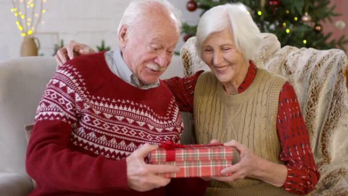 老年妇女向丈夫赠送圣诞节礼物