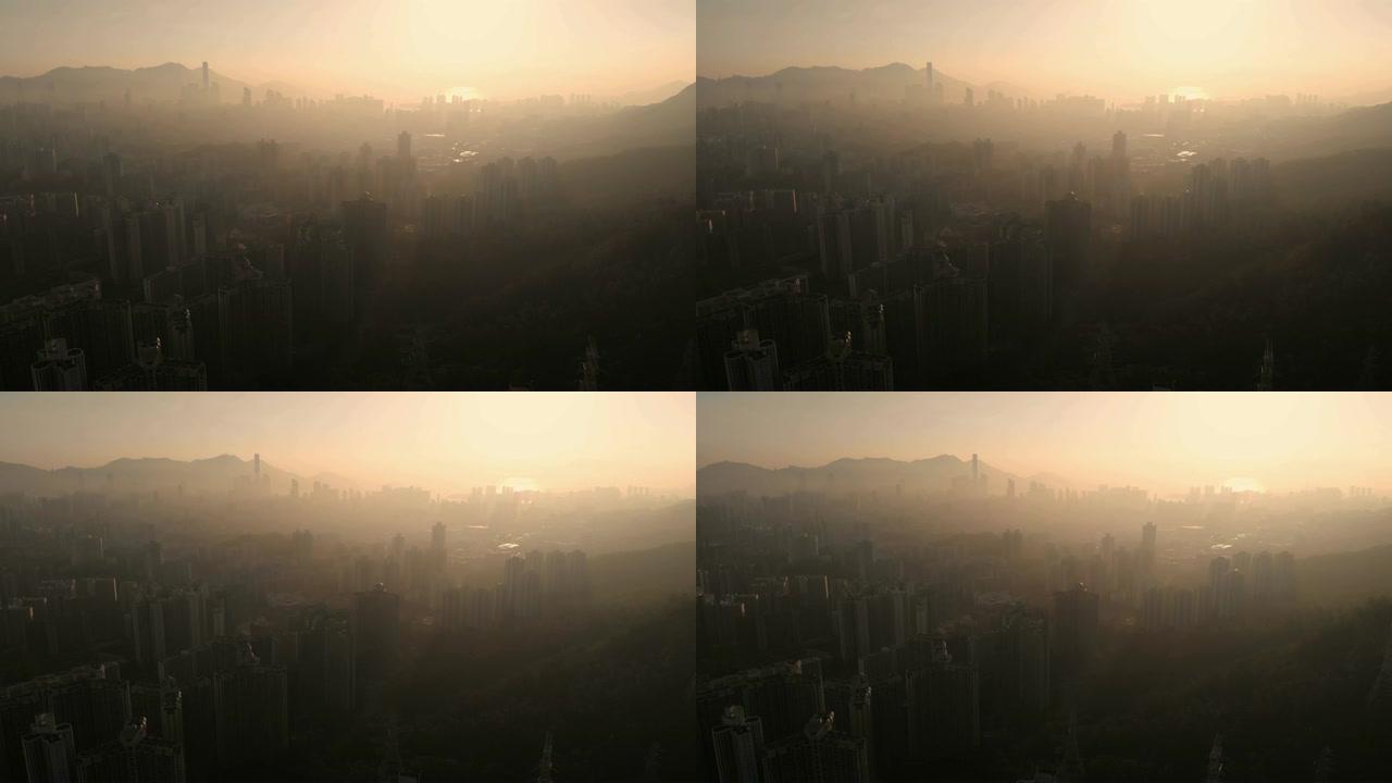 日落时香港摩天大楼的鸟瞰图和多莉权。
