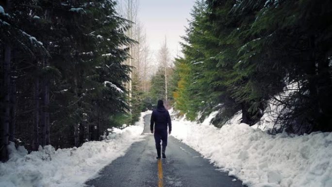 男子走在树林中的雪道上